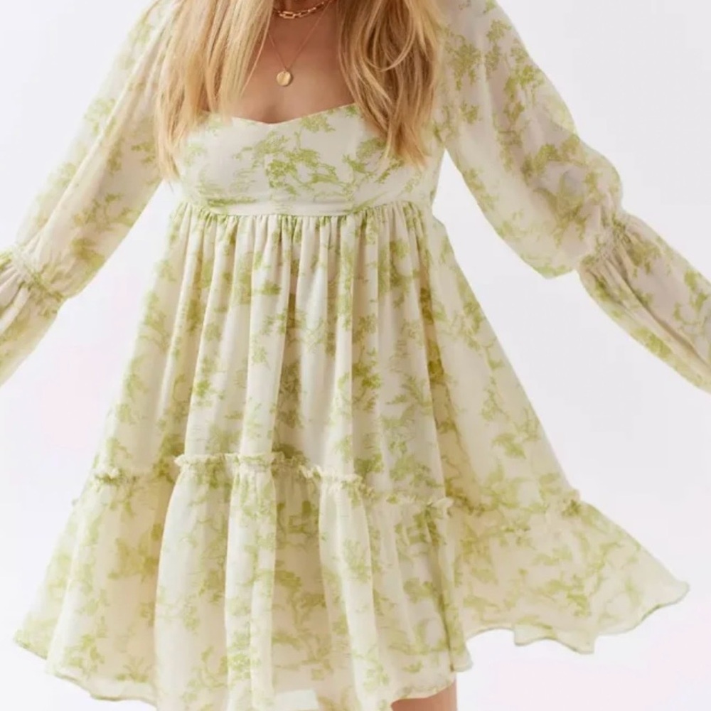 Urban Outfitters Light Green Floral Puff-Sleeve Mini Dress XS